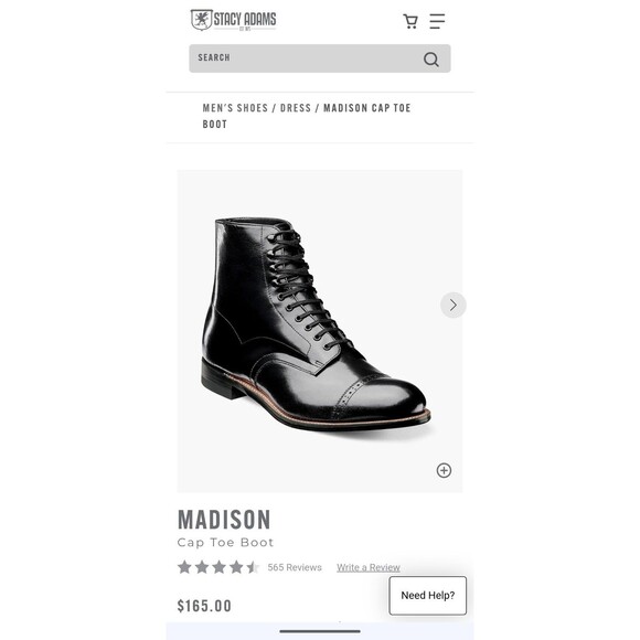 New! Stacy Adams Classic Madison Black Leather Cap Toe Dress Boot Men\'s Size 11D main image 4